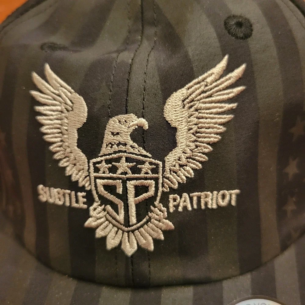 Subtle Patriot Eagle Logo Black/Gray Flag Print Adjustable Buckle Hat‎ Vented